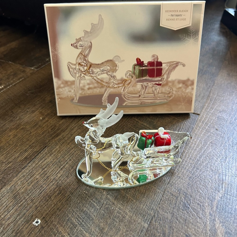 Pier 1 Imports Reindeer Sleigh Blown Glass Figurine Christmas Decor Mirrored